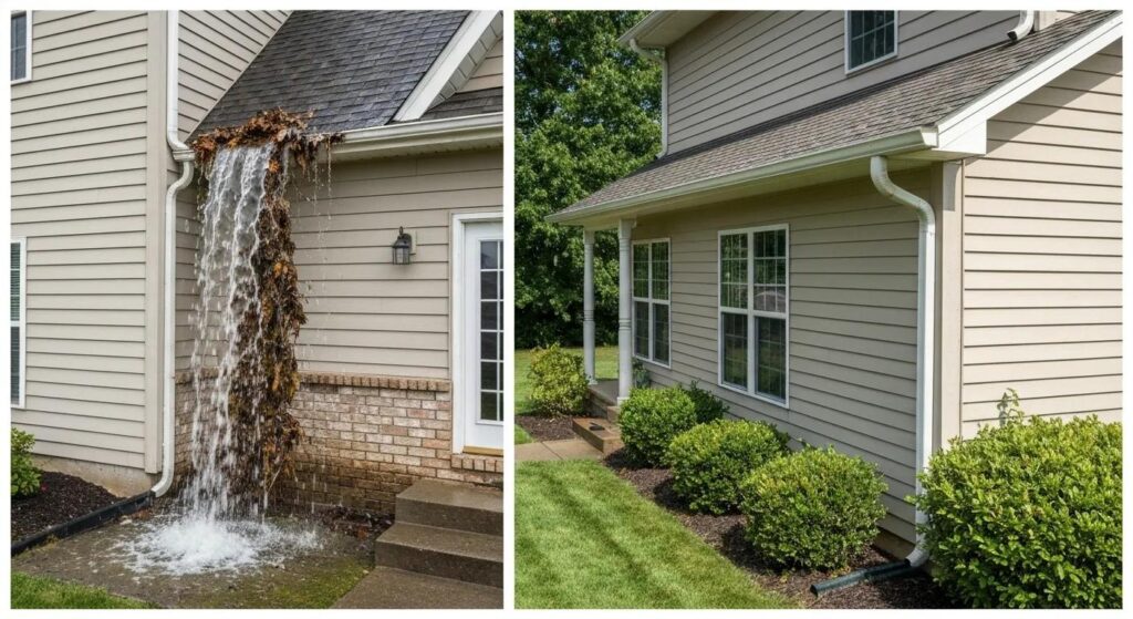 A clear visual comparison showing clogged gutters versus clean gutters, emphasizing the need for regular maintenance