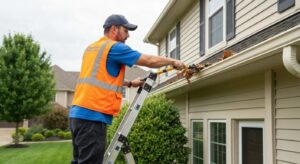 A Gutter Guys technician carefully cleaning debris from a residential gutter system