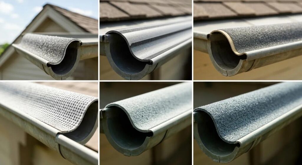 Different types of gutter guards including micro-mesh, reverse-curve, and foam inserts