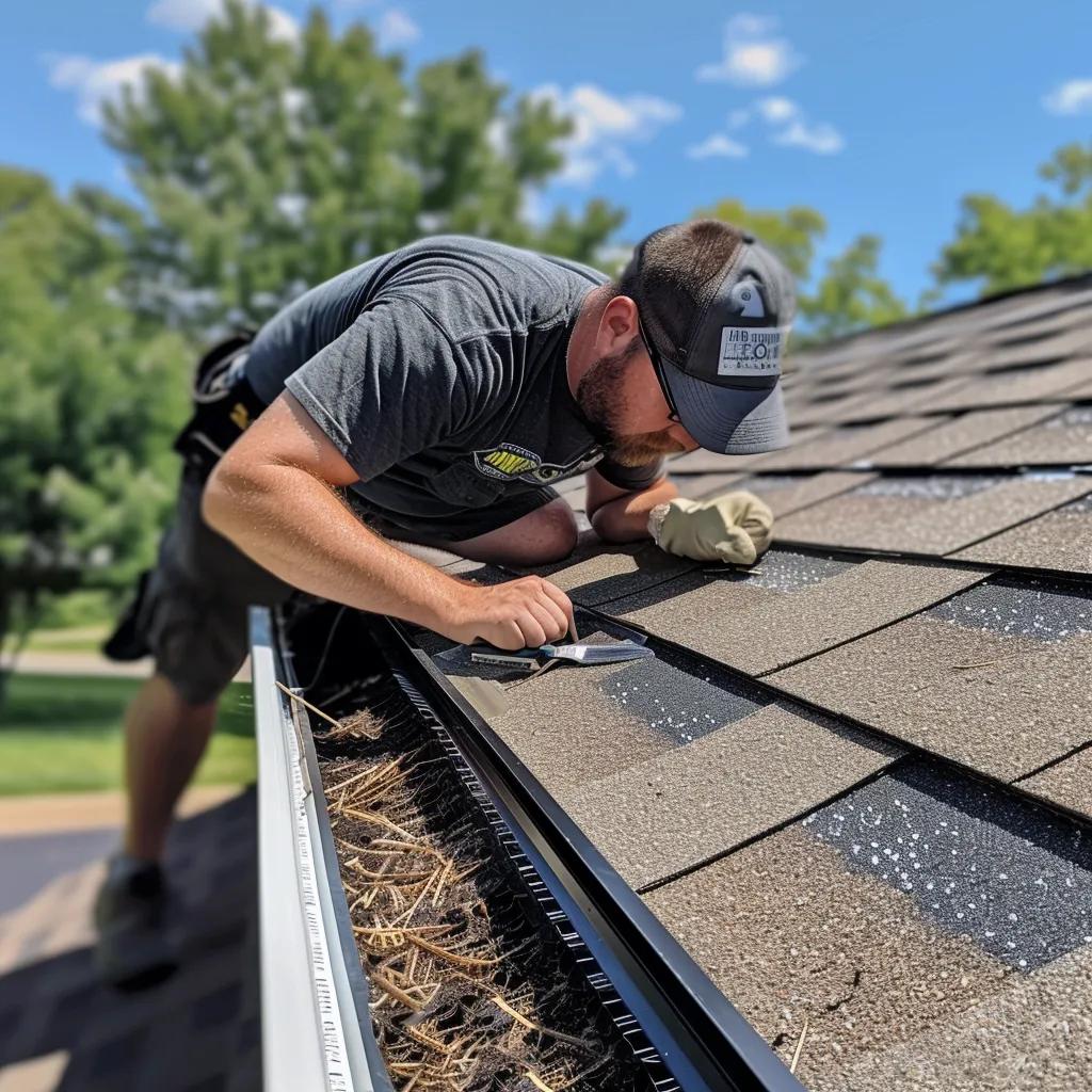 Technician measuring and installing gutter guards on a roof, highlighting the professional installation process in Kansas City