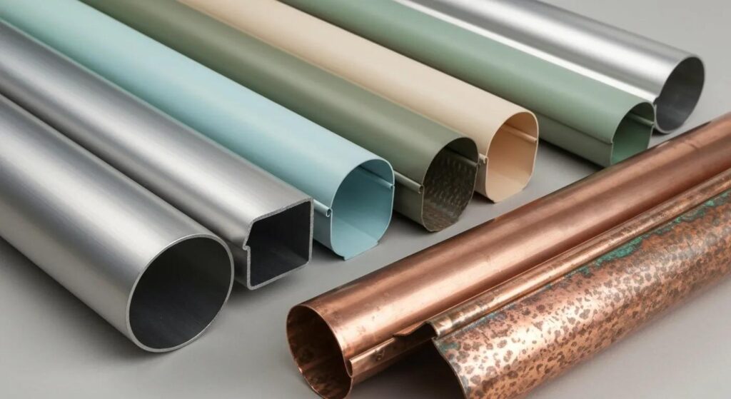 A display of various gutter materials like aluminum, vinyl, steel, and copper, showing their different textures and colors