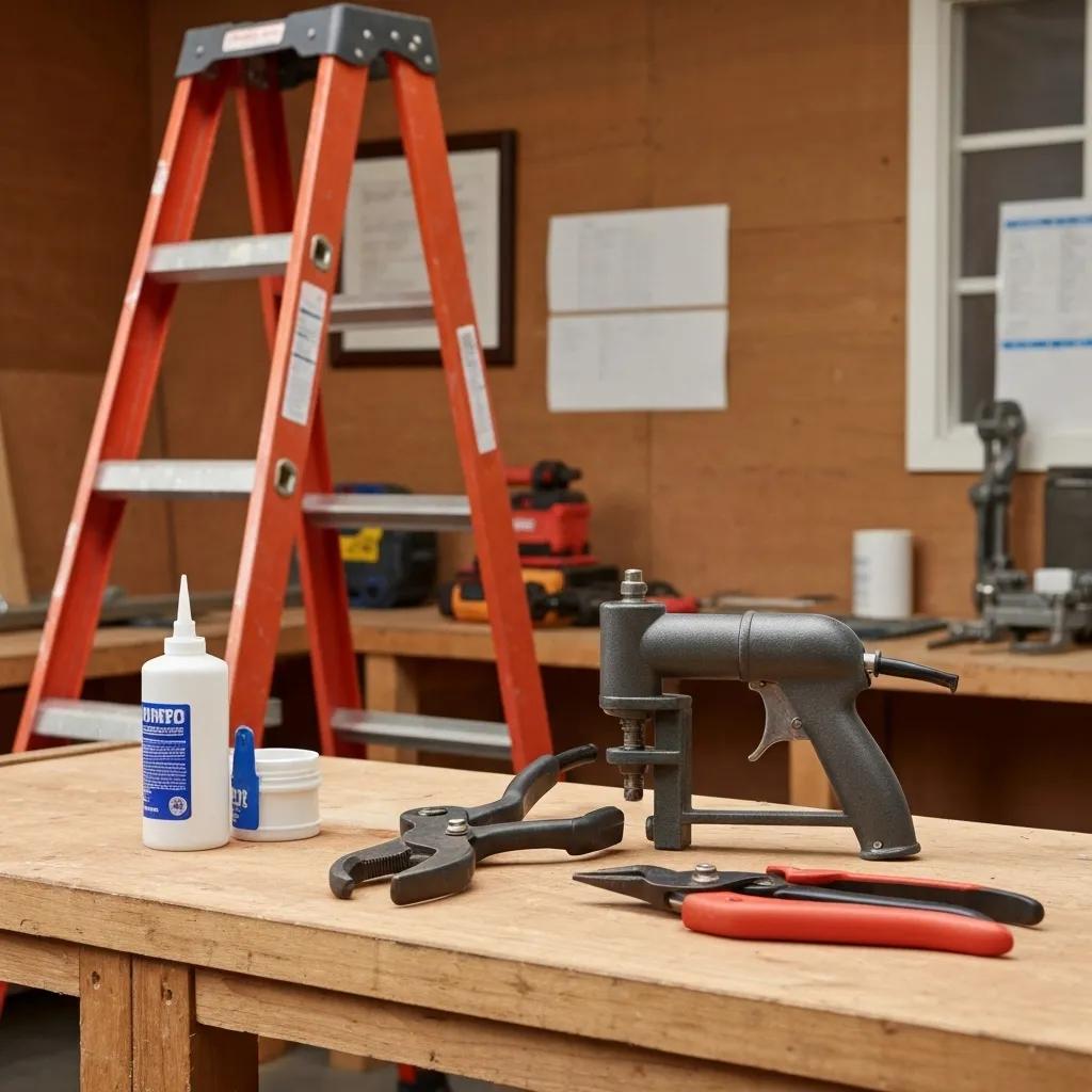 Essential tools for gutter installation laid out on a workbench, including a ladder, tin snips, rivet gun, and sealant