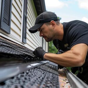 Technician installing gutter guards on a Kansas City home, highlighting professional service and home protection