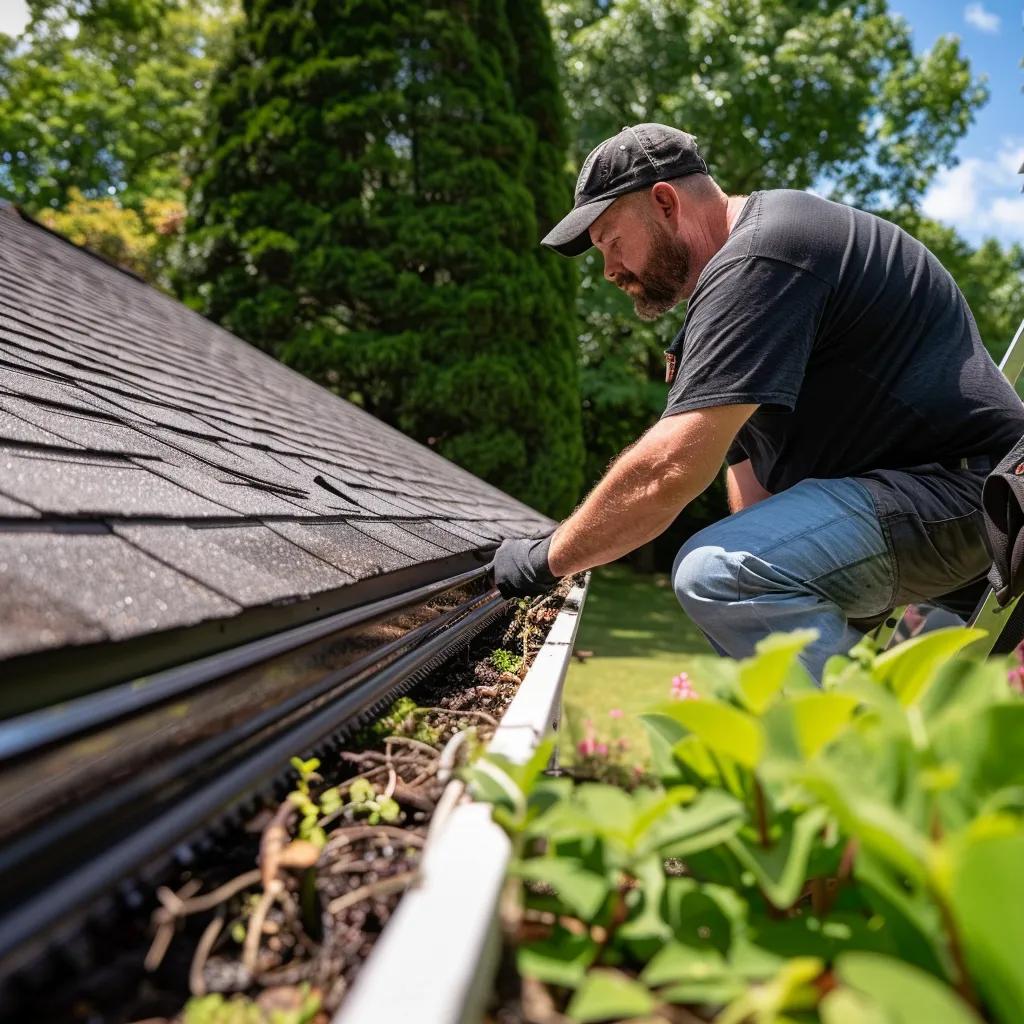Homeowner maintaining gutter guards, showcasing routine checks and cleaning for optimal performance