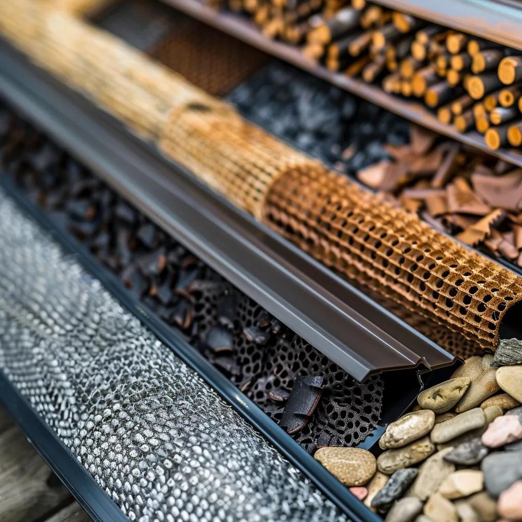 Different types of gutter guards including micro-mesh, surface tension, foam inserts, and brush guards for Kansas City weather