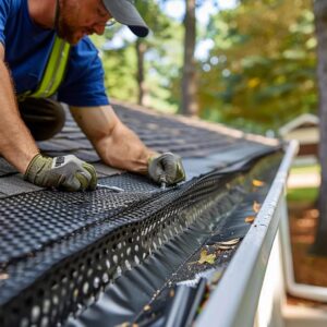 Professional contractor installing gutter guards on a Kansas City home, emphasizing home maintenance and water damage prevention