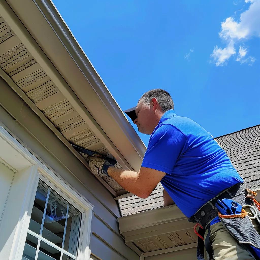 Professional installing gutter guards on a Kansas City home, highlighting home protection and maintenance