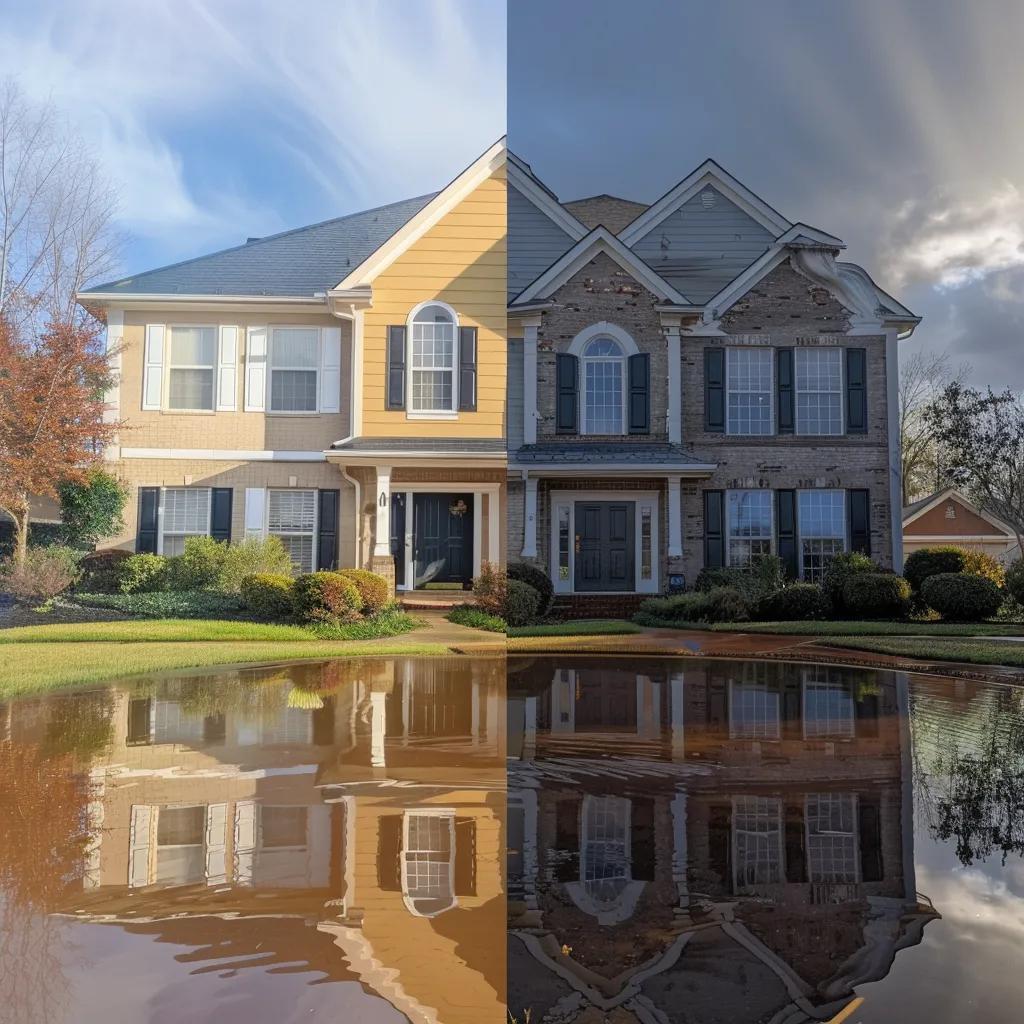 Comparison of homes with and without gutter guards, showcasing the prevention of water damage and foundation issues