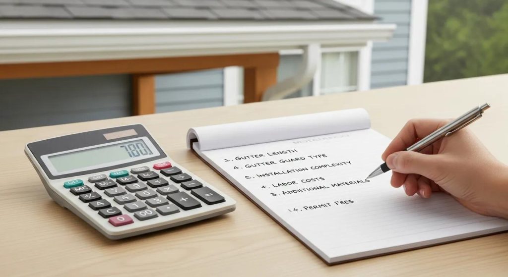 Visual representation of cost factors for seamless gutter guard installation, including calculator and notepad