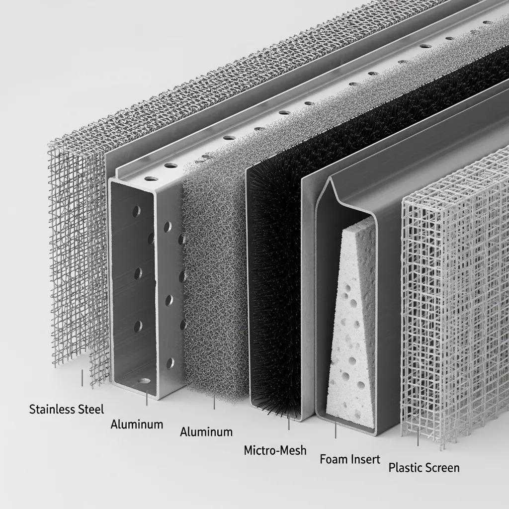 Different gutter guard materials including stainless steel, aluminum, and micro-mesh, highlighting durability and winter performance