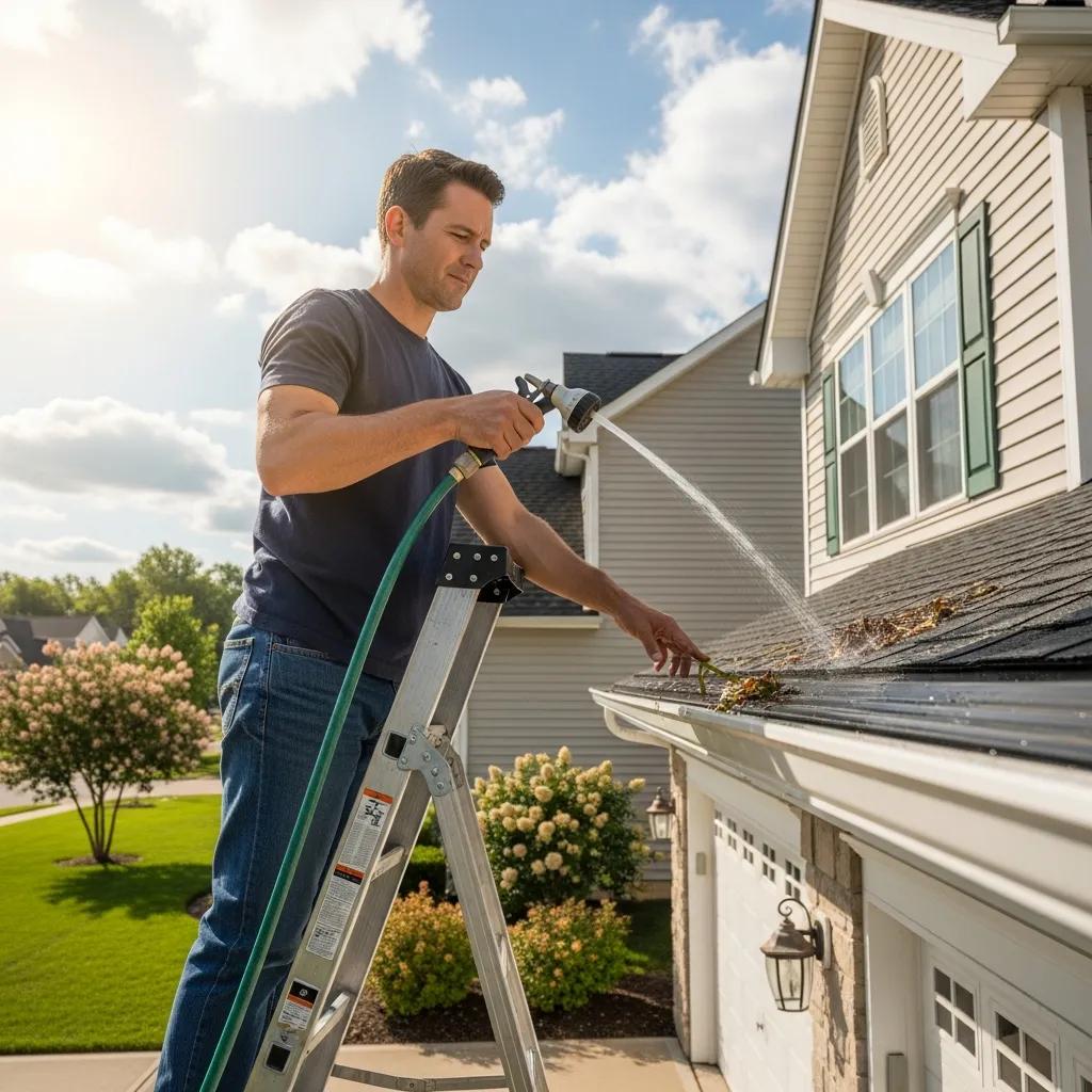 Homeowner inspecting and cleaning Master Shield gutter guards, demonstrating effective maintenance practices