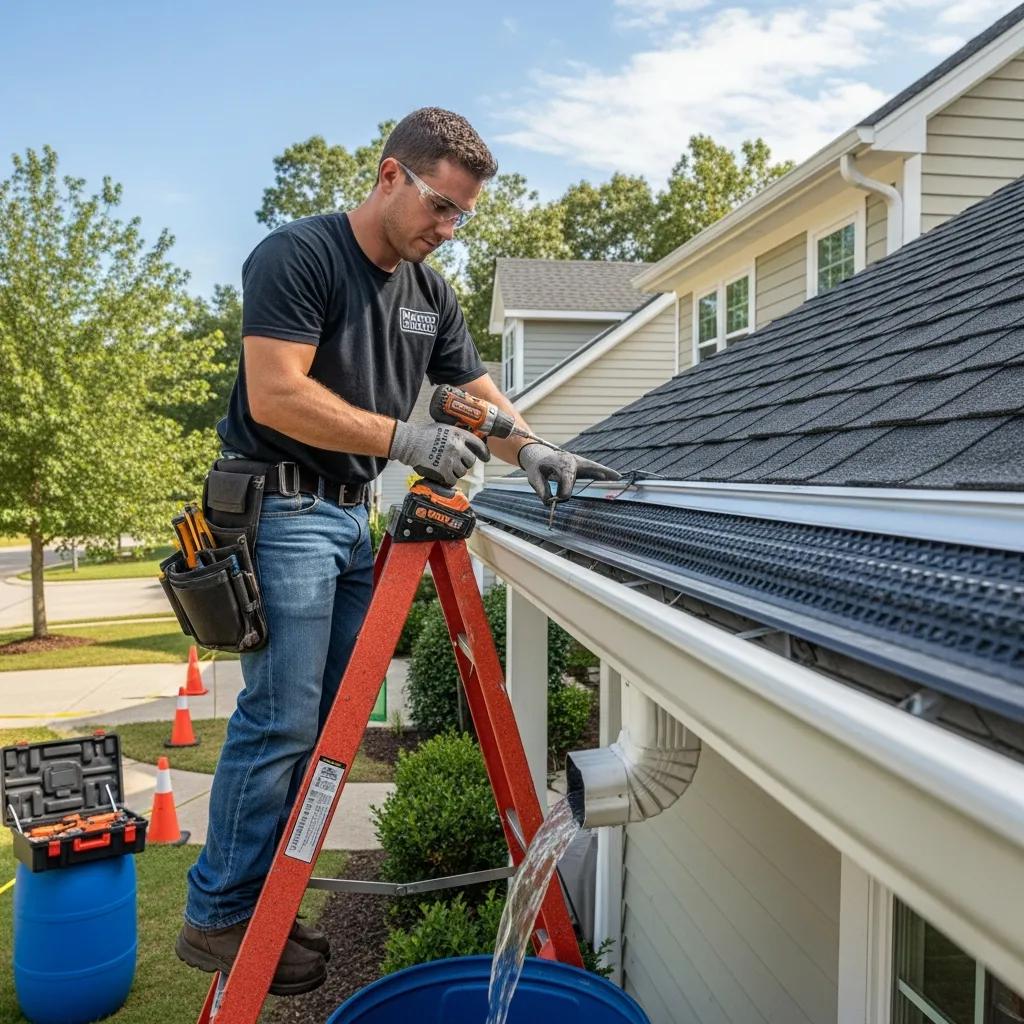 Professional installer securing Master Shield gutter guards on a residential home, demonstrating the installation process