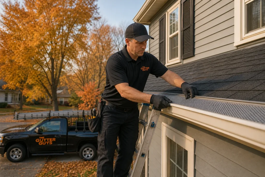 Professional technician performing aluminum gutter guard installation on a Midwest residential home