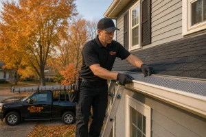Professional technician performing aluminum gutter guard installation on a Midwest residential home