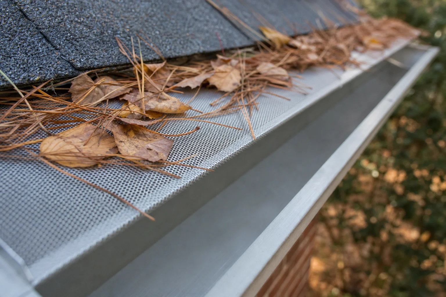 Aluminum micro-mesh gutter guard keeping pine needles and leaves out of a clean residential gutter