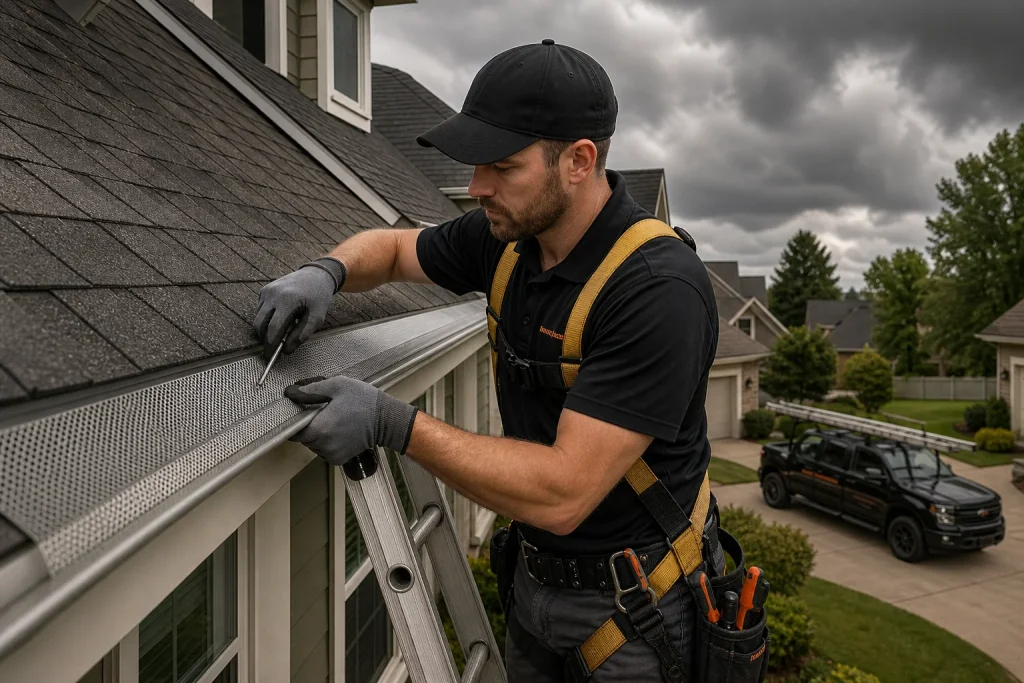 Gutter Guys technician performing heavy duty gutter guard installation on a Midwest home before storm season