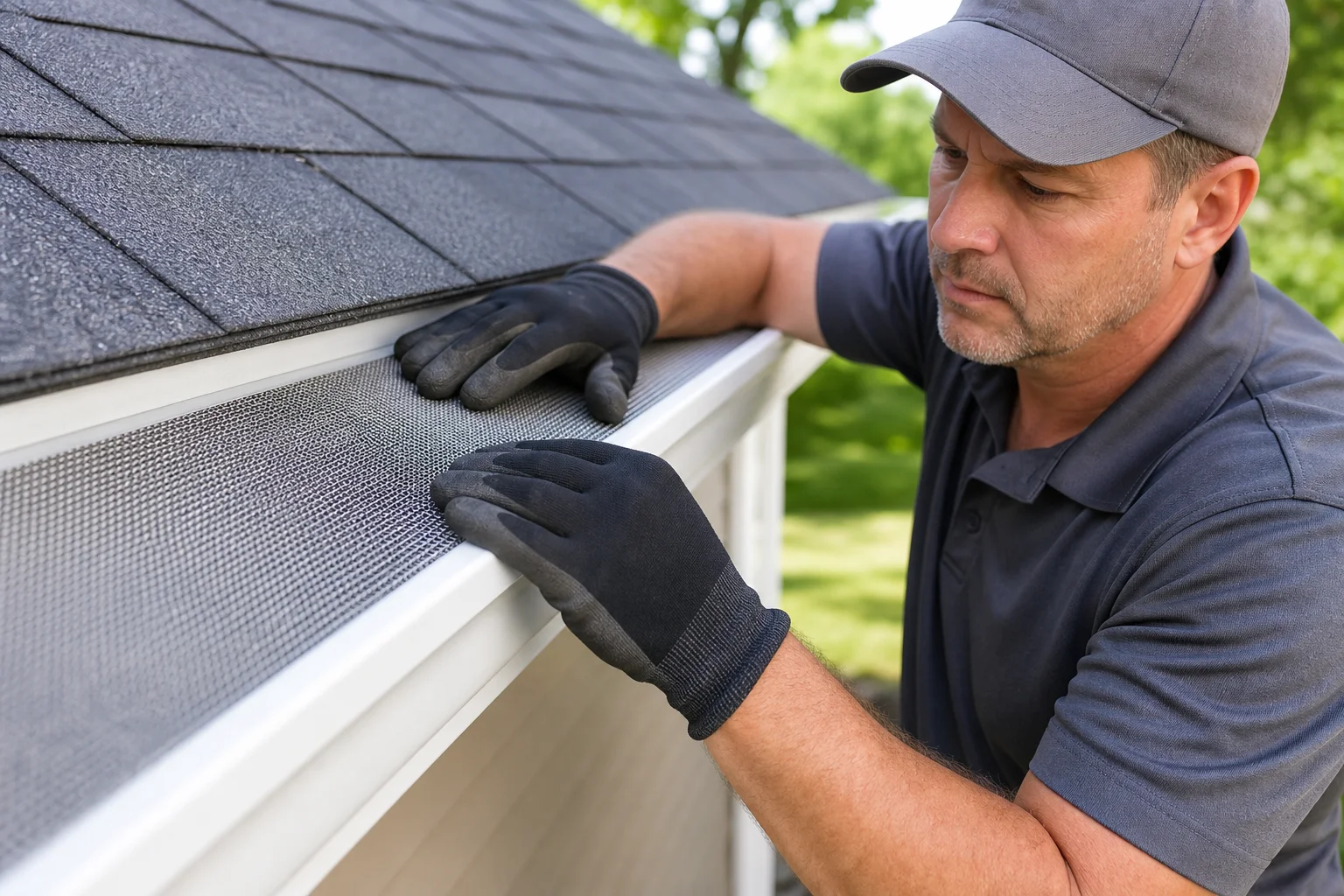 Gutter technician installing stainless steel micro-mesh gutter guards on a Midwest home during spring storm season
