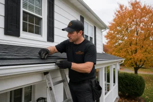 Gutter Technician Performing Gutter Screen Installation Services On A Midwest Home Roofline Gutter technician performing gutter screen installation services on a Midwest home roofline