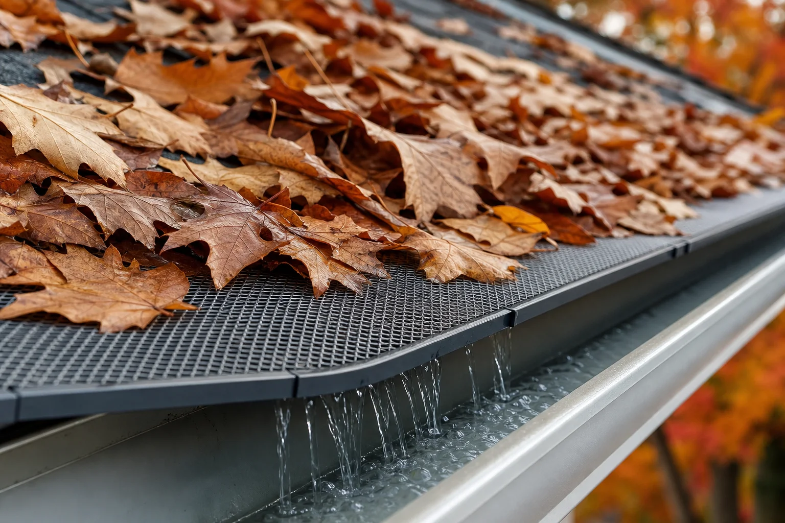 Gutter-screen-installation-services-effective-debris-managem-189-supporting Close-up of a gutter screen on a Midwest home with autumn leaves resting on top of the mesh while water flows cleanly through the channel below