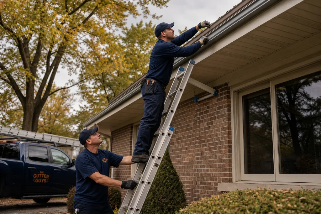 Gutter technicians performing reverse curve gutter guard installation on a Midwest home roofline in fall