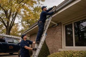 Gutter Technicians Performing Reverse Curve Gutter Guard Installation On A Midwest Home Roofline In Fall Gutter technicians performing reverse curve gutter guard installation on a Midwest home roofline in fall