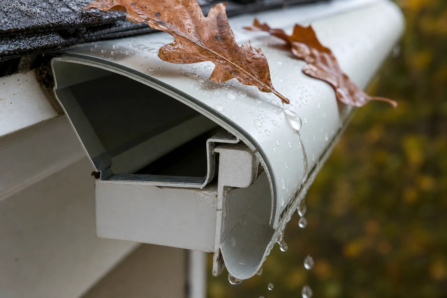 Close-up of reverse curve gutter guard showing water following the surface tension arc into the gutter channel while dry leaves slide off the outer edge