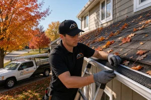 Gutter Technician Installing K Style Gutter Protection On A Midwest Home During Autumn Leaf Season Gutter technician installing k-style gutter protection on a Midwest home during autumn leaf season