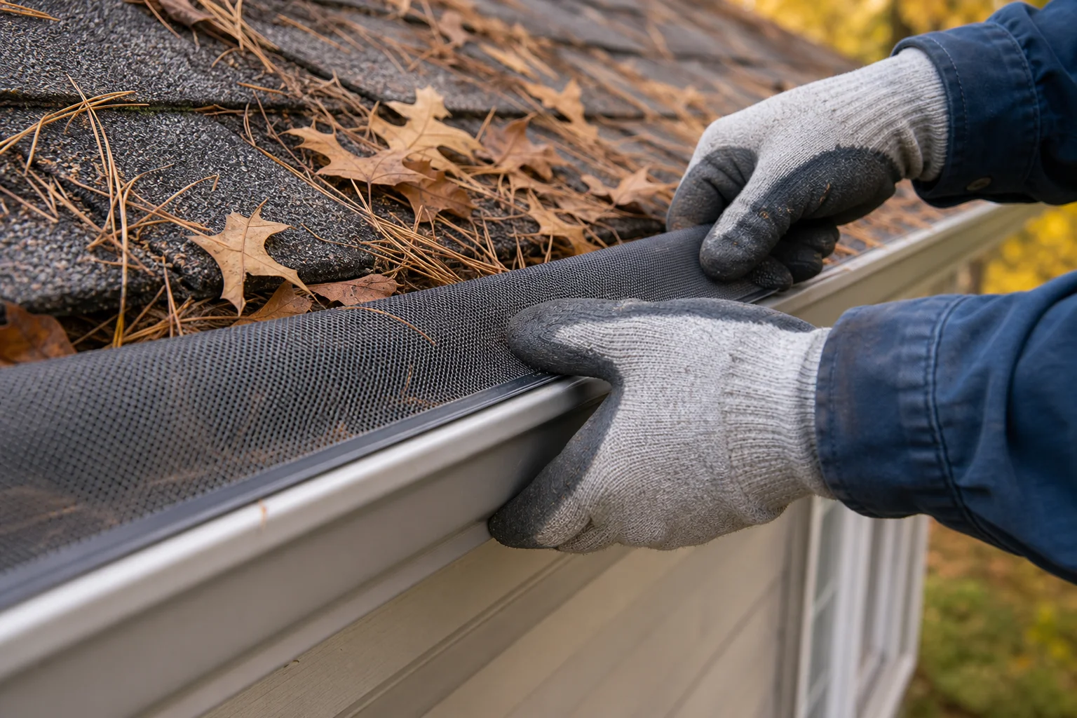 K-style-gutter-protection-installation-custom-fit-solutions-239-supporting Professional gutter technician fitting a micro-mesh gutter guard onto a k-style aluminum gutter, with pine needles and autumn leaves visible on the shingles nearby