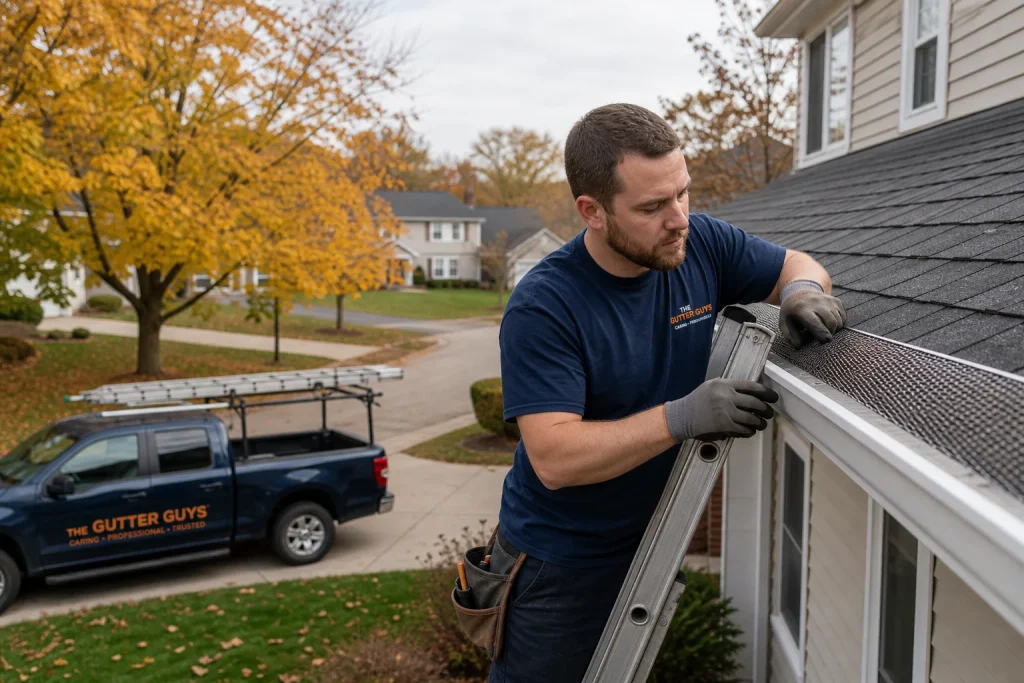 Professional gutter technician installing stainless steel micro mesh gutter guard on a Midwest home