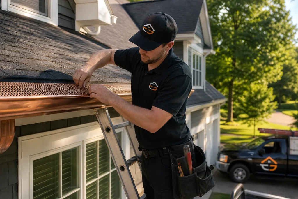 Technician performing copper gutter protection installation on a Midwest home