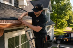 Technician Performing Copper Gutter Protection Installation On A Midwest Home Technician performing copper gutter protection installation on a Midwest home