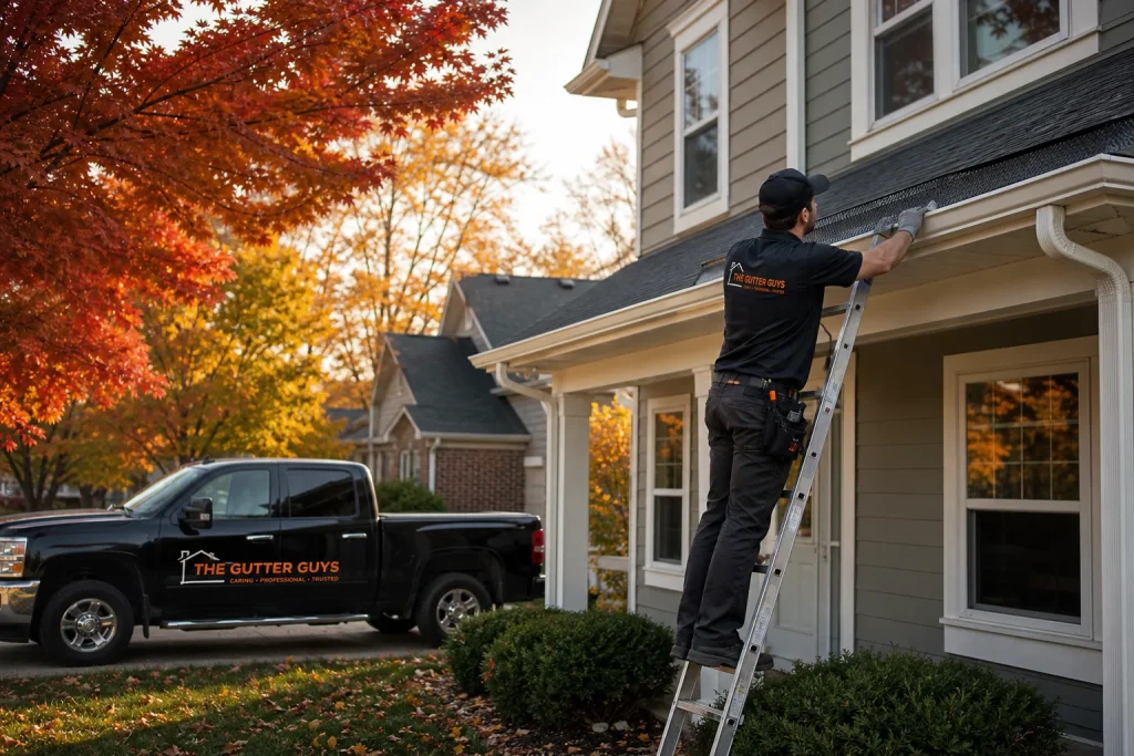 Gutter technician installing a leaf guard system for fall preparation on a Midwest home