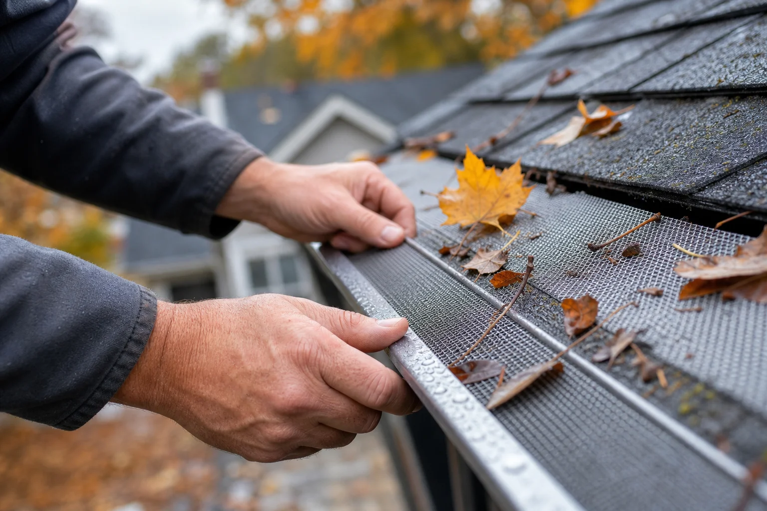 Fall-preparation-professional-leaf-guard-installation-servic-287-supporting Close-up of a technician installing a mesh leaf guard system on a residential gutter during autumn