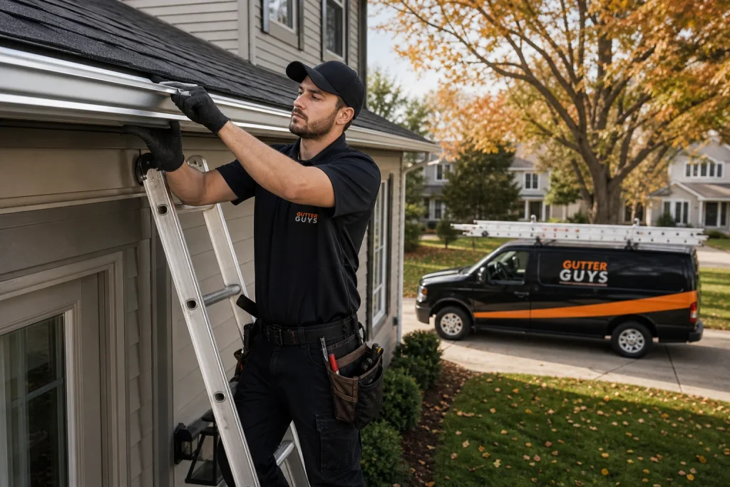Gutter Guys technician installing seamless aluminum gutters during a gutter replacement project on a Livonia home
