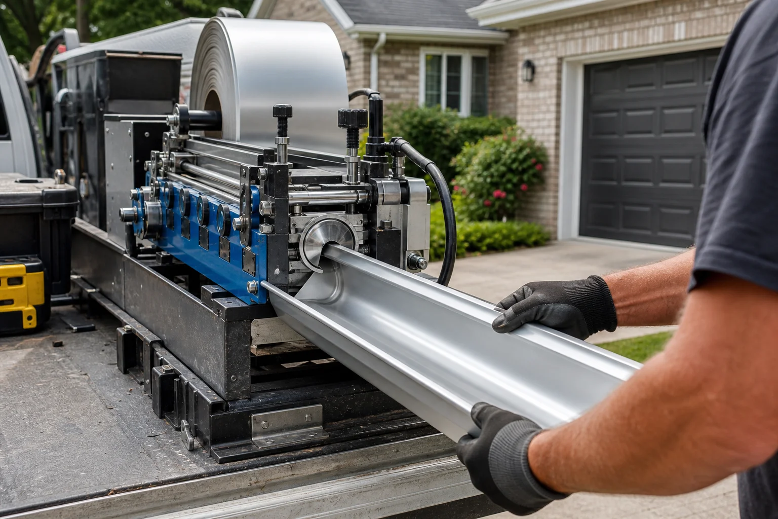 Gutter-replacement-cost-plymouth-livonia-canton-3114-supporting Technician using a portable machine to form an aluminum seamless gutter on-site