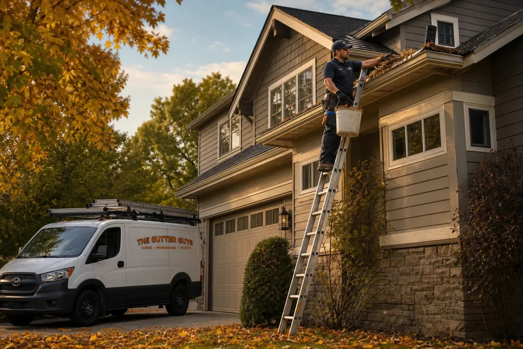 Professional gutter cleaning technician clearing leaves from a Midwest home gutter during a professional gutter cleaning vs. diy comparison