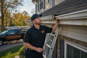 Gutter technician inspecting signs your home needs gutter replacement on a sagging Midwest roofline