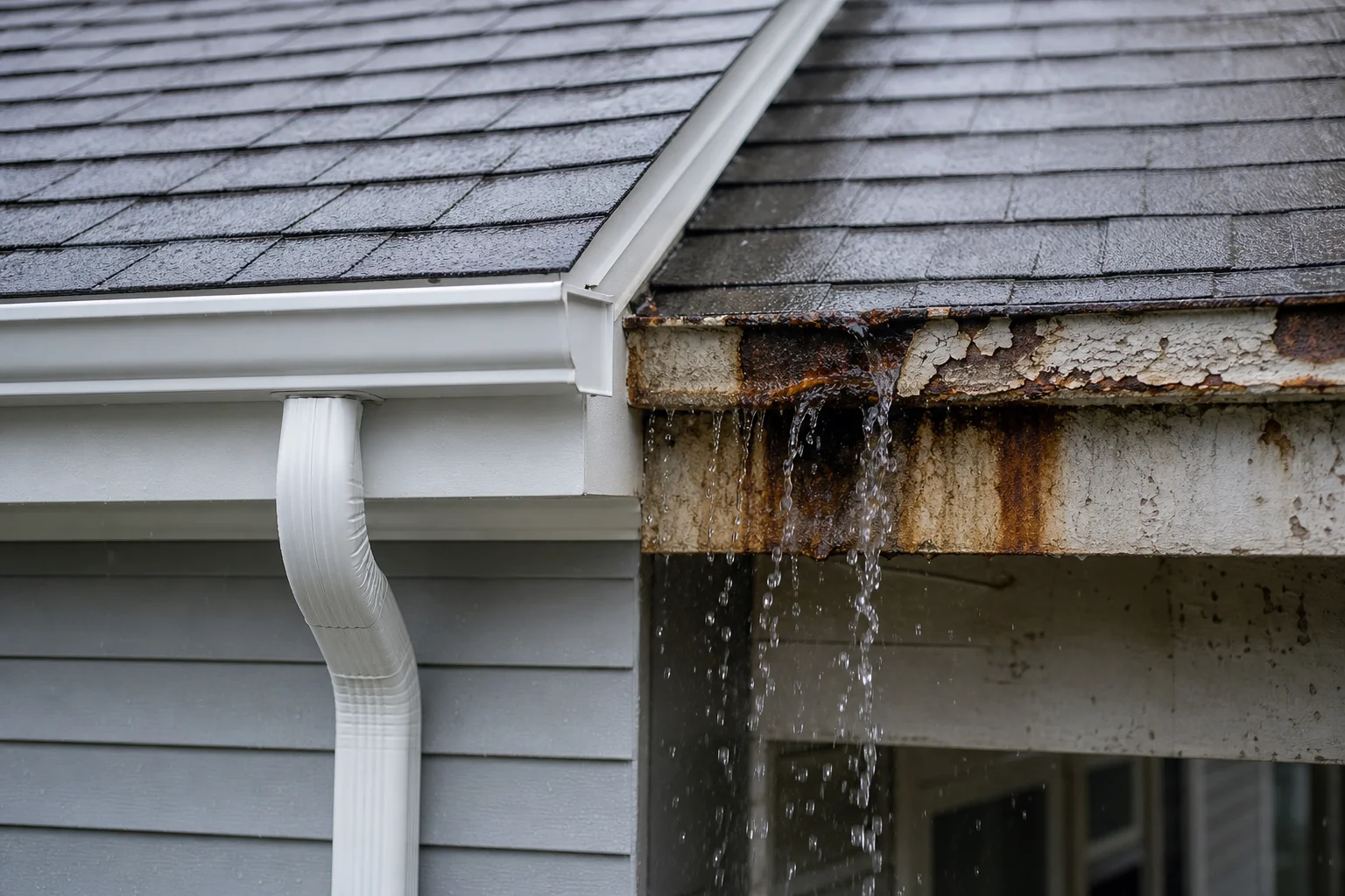 Signs-your-home-needs-gutter-replacement-when-repair-is-not--1751-supporting Close-up comparison of a properly flowing gutter system versus a sagging, rusted gutter with peeling paint