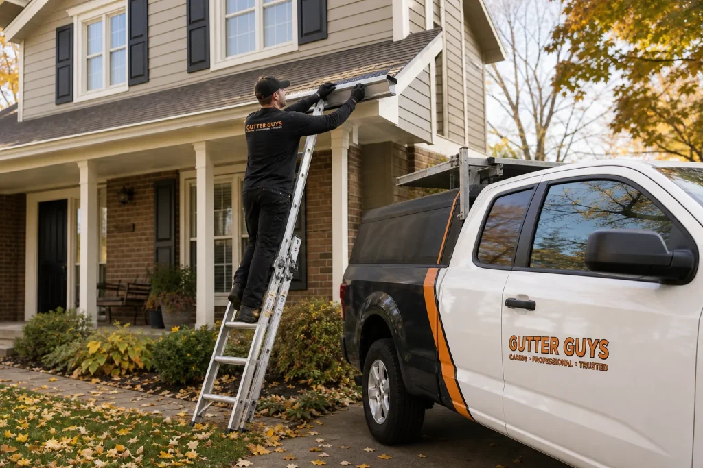 The Gutter Guys technician installing gutter guards on a Central Illinois home roofline