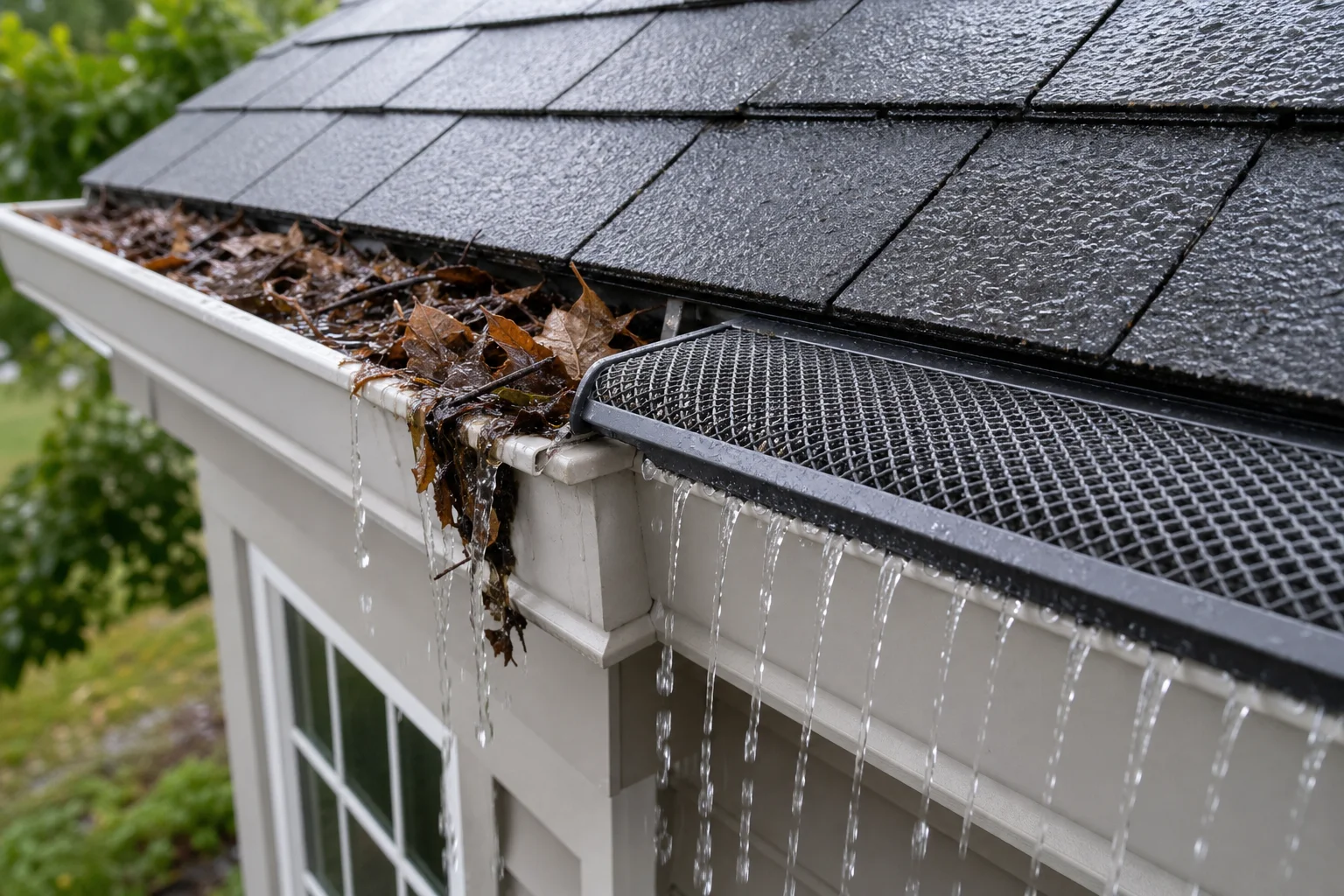 Do-gutter-guards-pay-for-themselves-central-illinois-3118-supporting Side-by-side comparison of an overflowing clogged gutter and a leaf debris protected gutter guard system on a Central Illinois home