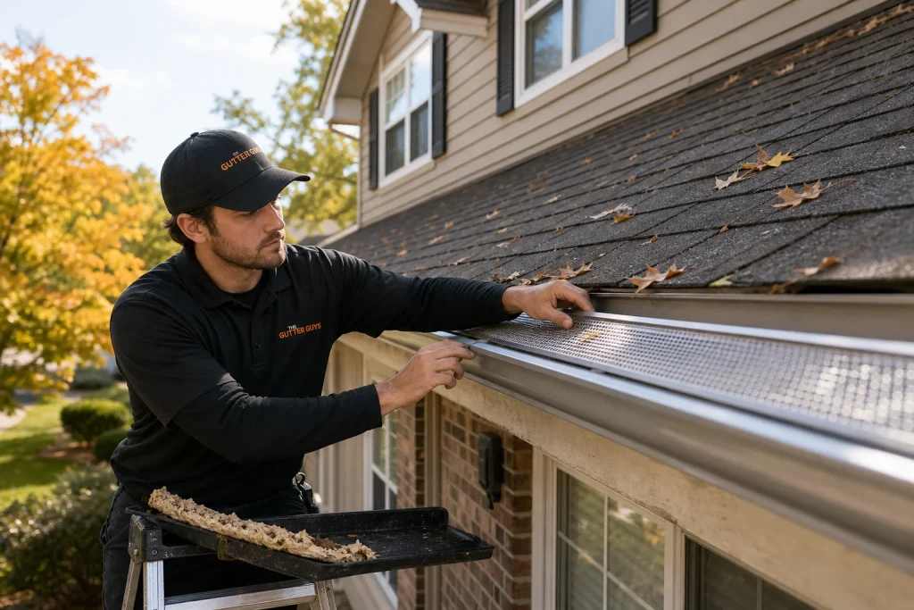 Gutter Guys technician installing stainless steel mesh gutter guards after removing old foam guards