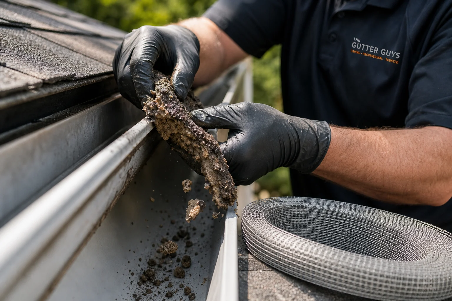 Foam-gutter-guard-alternative-professional-mesh-installation-386-supporting Technician removing crumbling foam gutter guard inserts before installing new mesh system