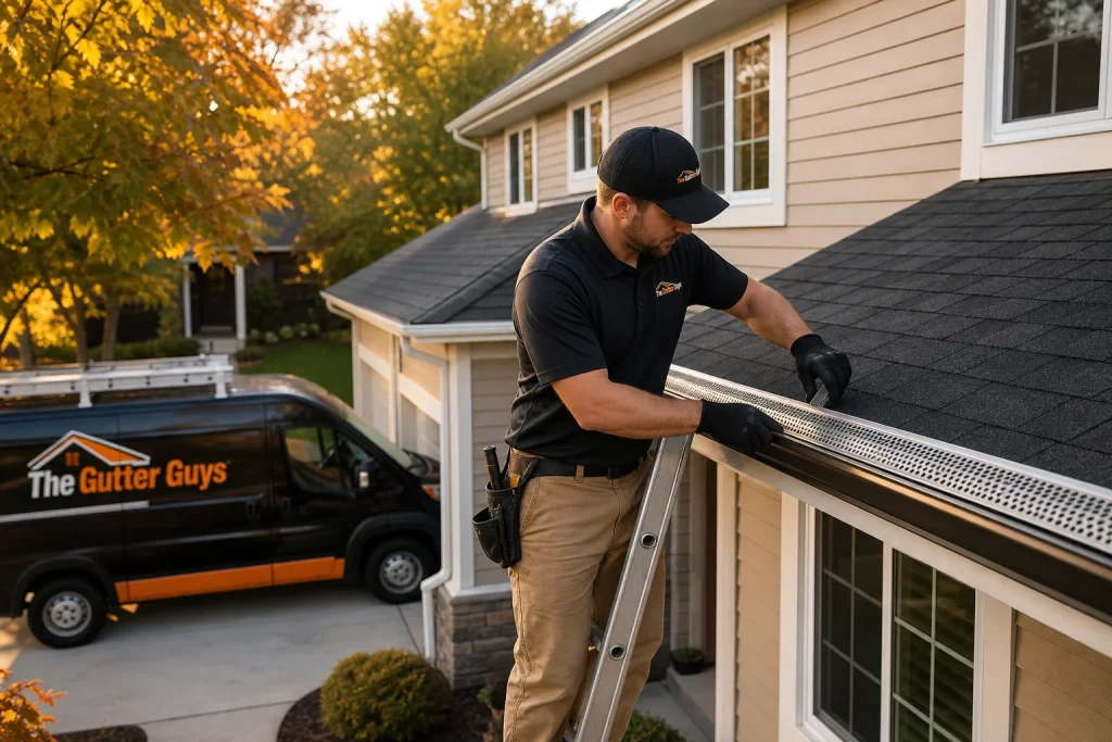 Gutter Guys technician installing gutter guards on a Kansas City home's roofline