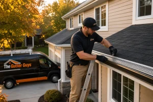 Gutter Guys technician installing gutter guards on a Kansas City home's roofline
