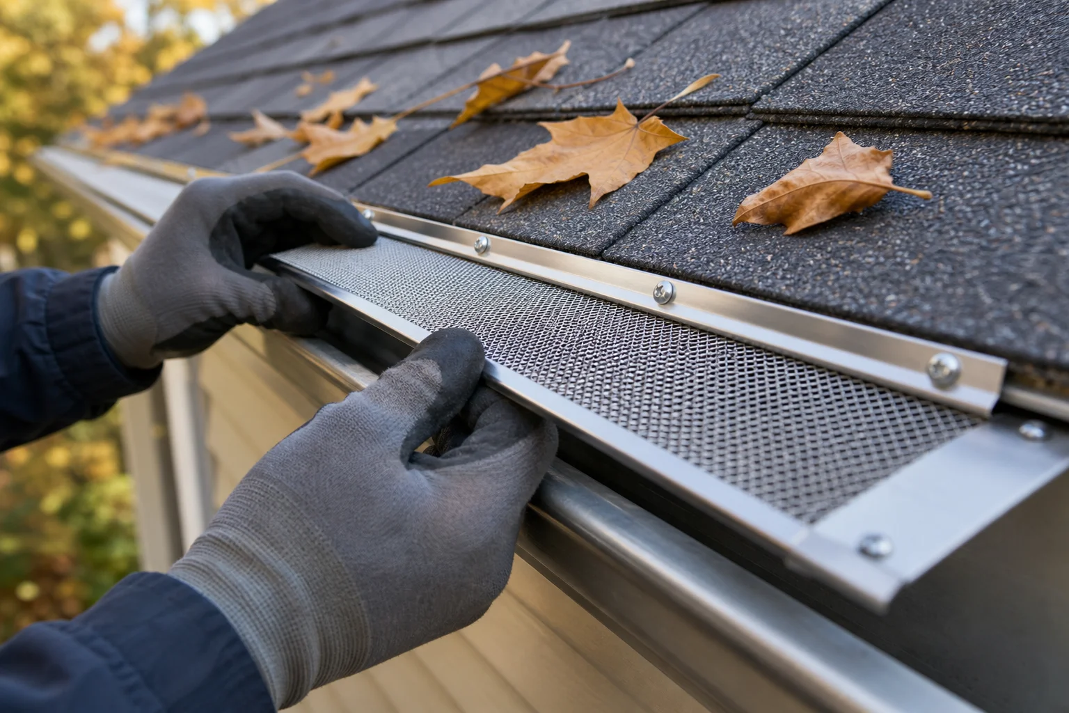 Gutter-guard-pricing-kansas-city-estimate-drivers-3116-supporting Technician installing gutter guards along the roofline of a Kansas City home