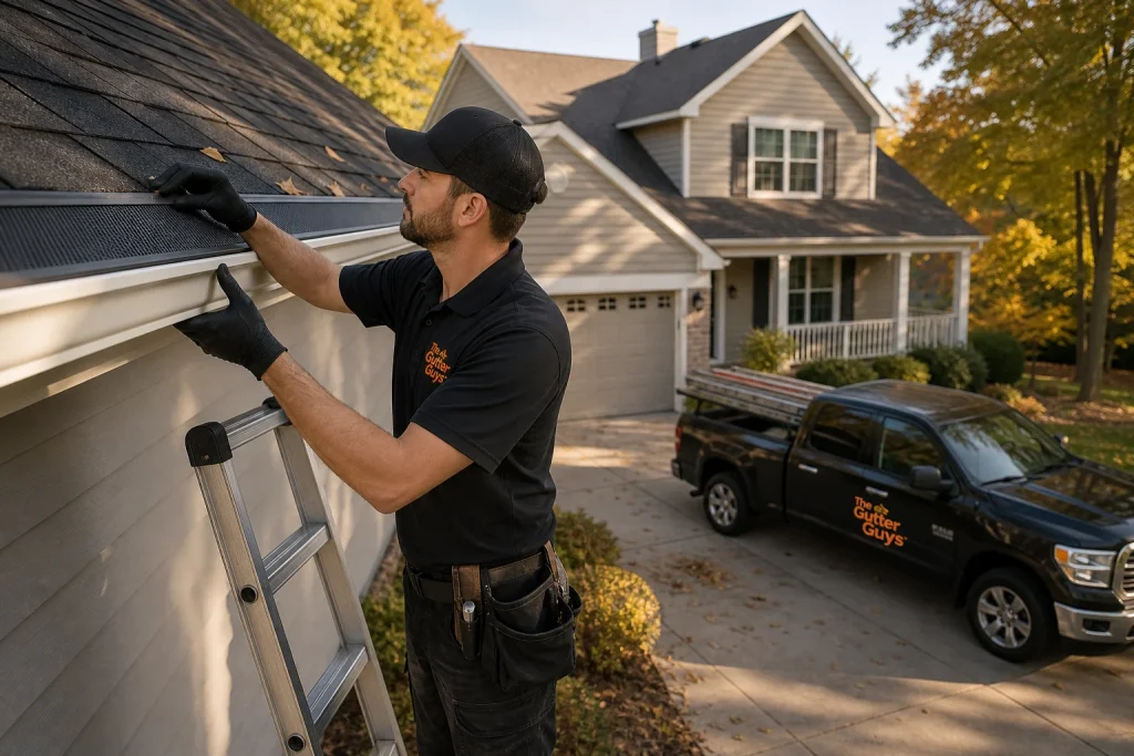 Local Kansas City gutter installer attaching gutter guards along the roofline of a home