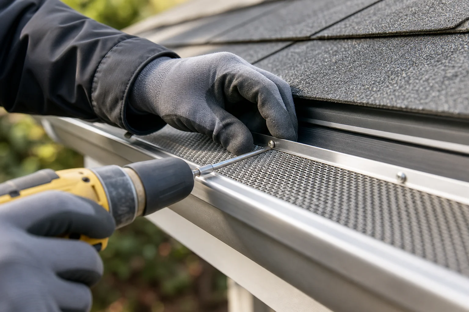 Technician's gloved hands installing a stainless steel micro mesh gutter guard onto an aluminum gutter