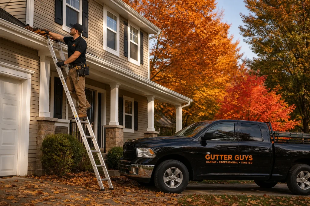 Gutter installation technician cleaning a Midwest home's gutters during peak fall color season