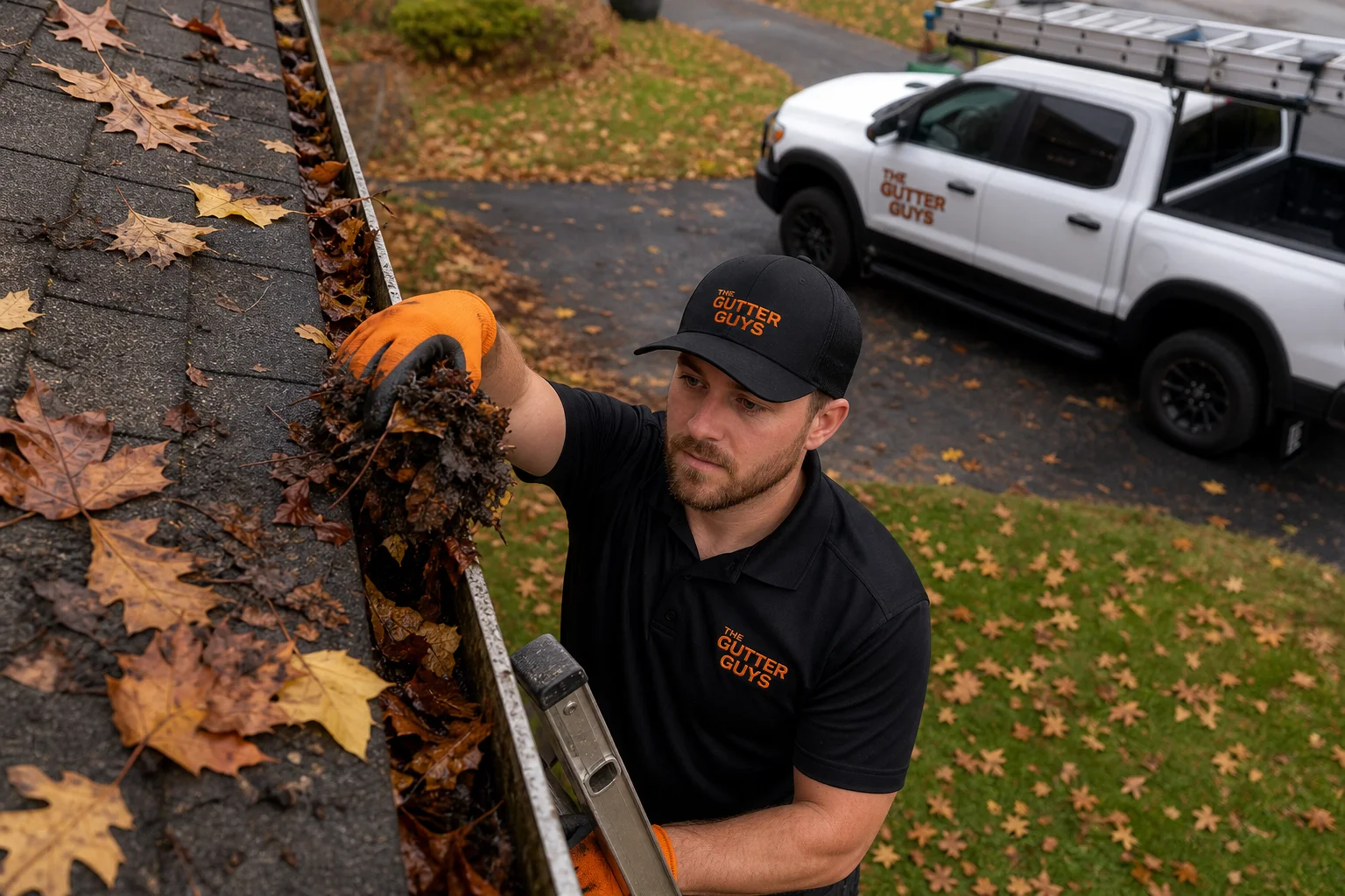 Southeast-michigan-fall-gutter-timeline-when-to-book-3115-supporting A technician on a ladder clearing wet autumn leaves from a home's gutter system