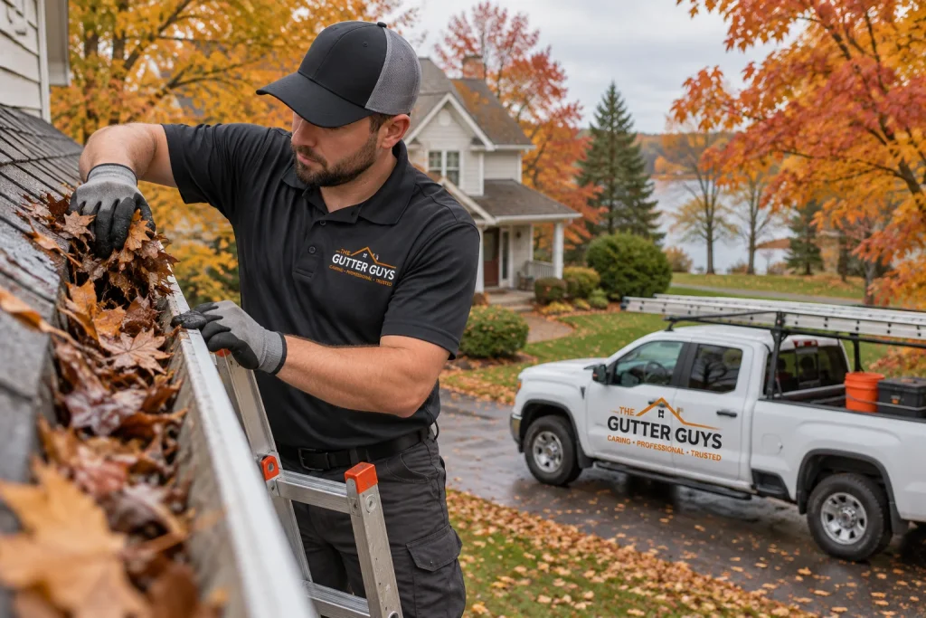 Gutter Guys technician clearing fall leaf drop in Kansas City from a home's gutters